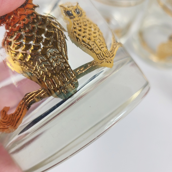 MID CENTURY VINTAGE LOW BALL GLASSES GOLD LEAF WITH OWLS SET OF 8 - Picture 9 of 13